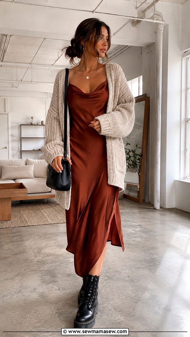 Chunky Cardigan With Slip Dress And Combat Boots - 30 Warm day cold night outfits