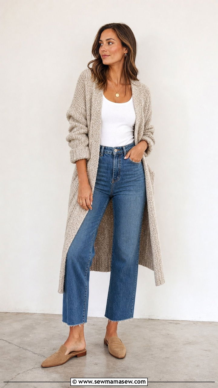 Chunky Cardigan With a Tank Top and High Waisted Jeans - 25 Cool aunt outfit ideas