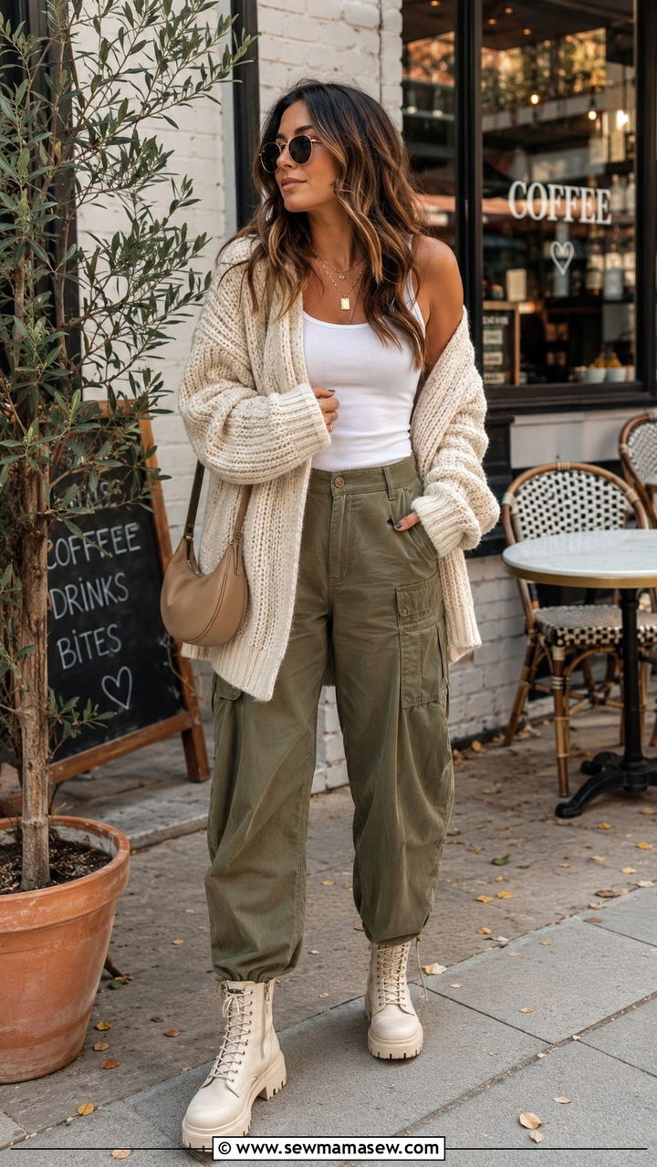 Chunky Cardigan and Cargo Pants Outfit - 30 casual streetwear outfits