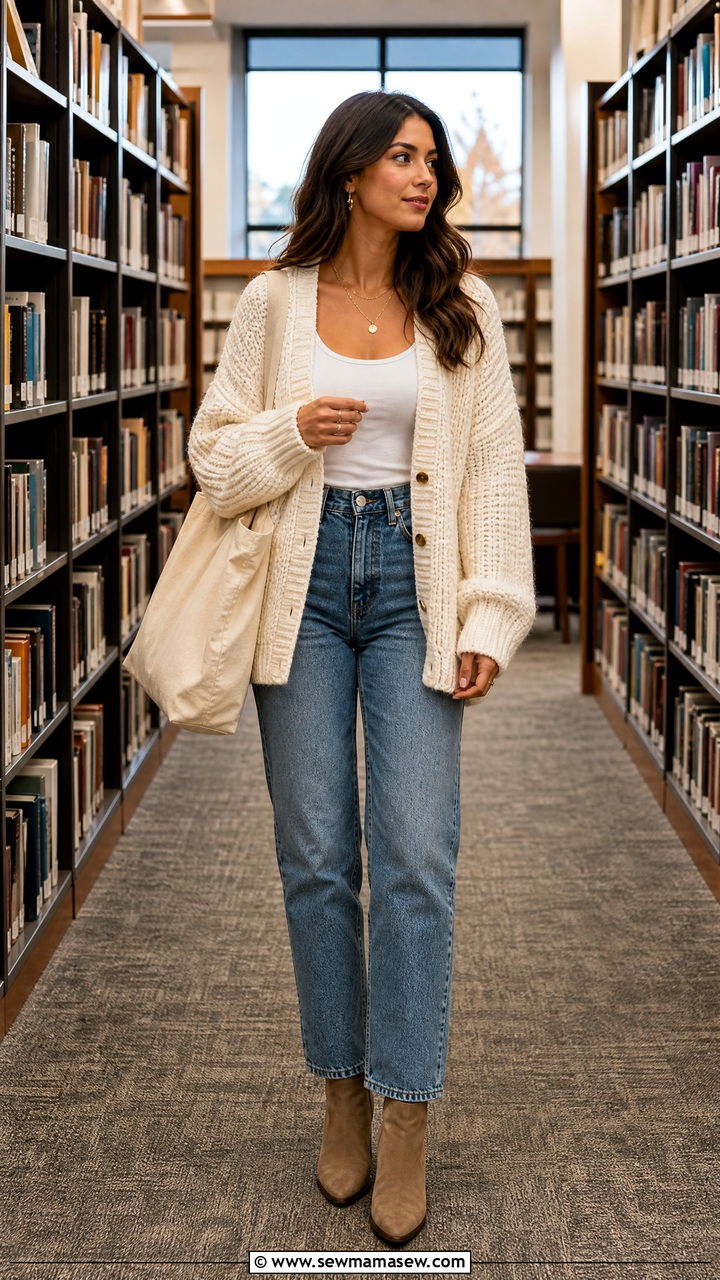 Chunky Cardigan and HighWaisted Jeans Errands Outfit - 30 errands outfits ideas