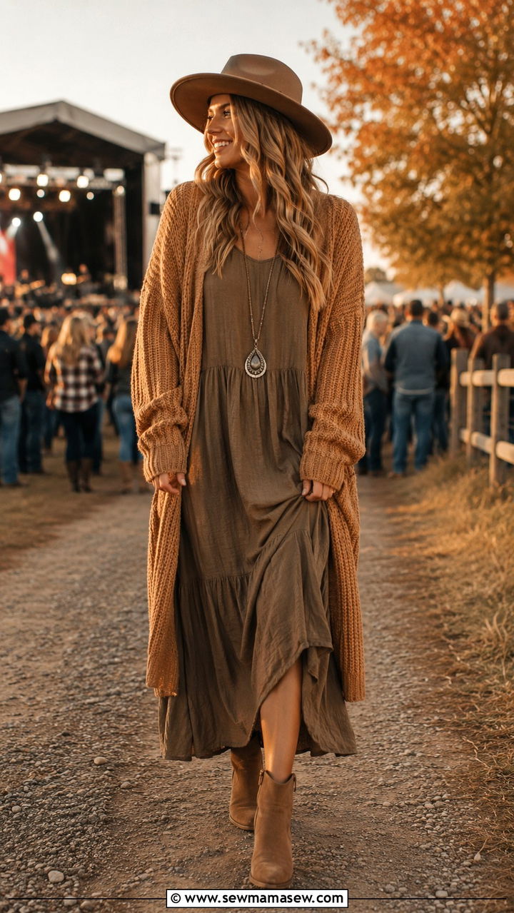 Chunky Cardigan and Maxi Dress with Ankle Boots - 25 seasonal country concert outfit ideas
