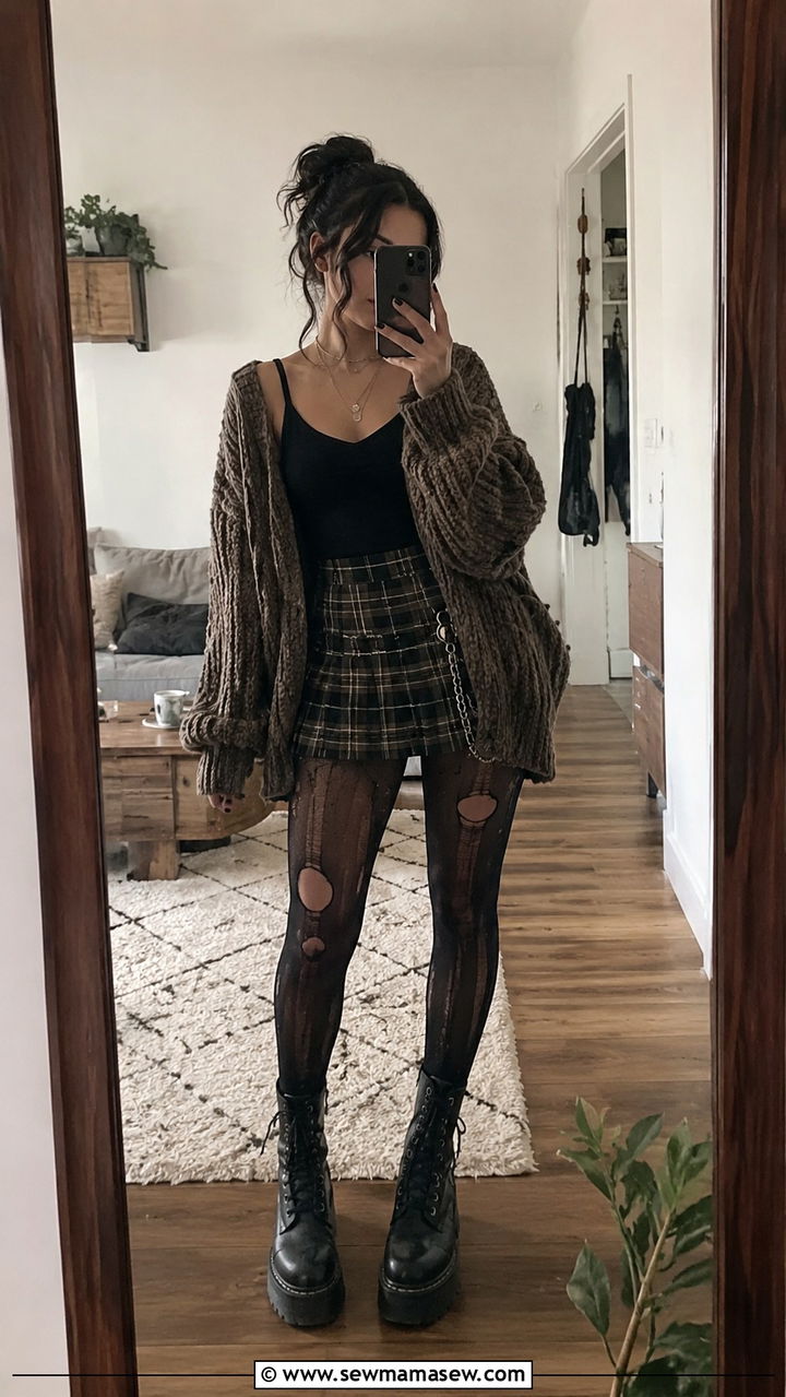 Chunky Cardigan and Plaid Mini Skirt with Ripped Tights - 30 grunge outfits inspo