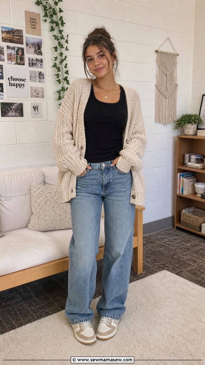 Chunky Cardigan and Ribbed Tank Top - 25 Boarding school outfit ideas teens