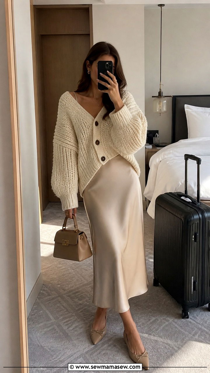 Chunky Cardigan and Satin Slip Skirt Travel Outfit - 40 travel outfits ideas