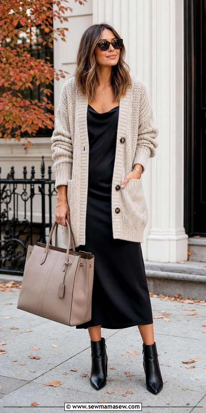 Chunky Cardigan and Slip Dress Outfit - 25 Cute outfits for women in their 20s