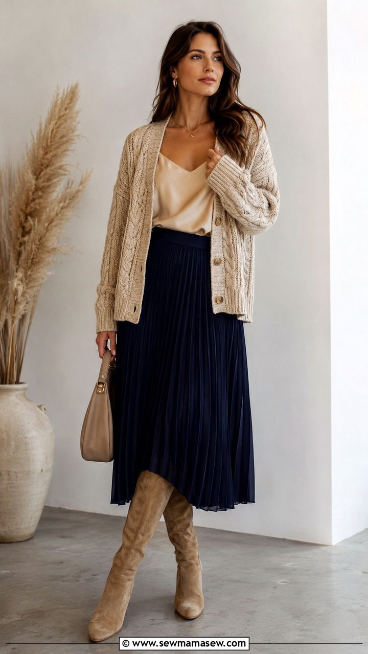 Chunky Cardigan over Silk Camisole and Pleated Midi Skirt - 20 Old money outfit ideas Gwyneth Paltrow