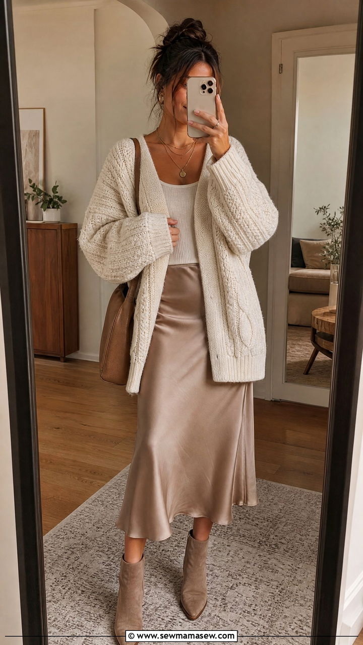 Chunky Cardigan over a Slip Skirt - 35 Housewarming party outfits