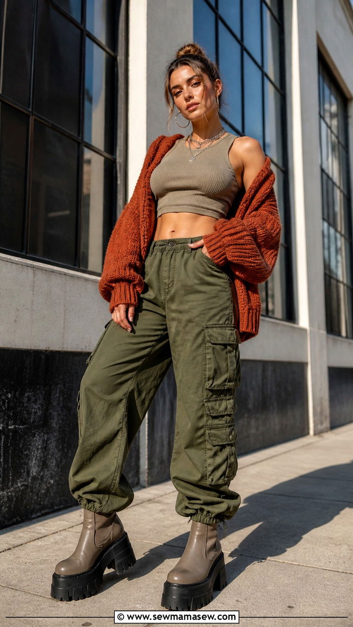 Chunky Cardigan with Cargo Pants and a Crop Top - 40 casual cardigan outfits