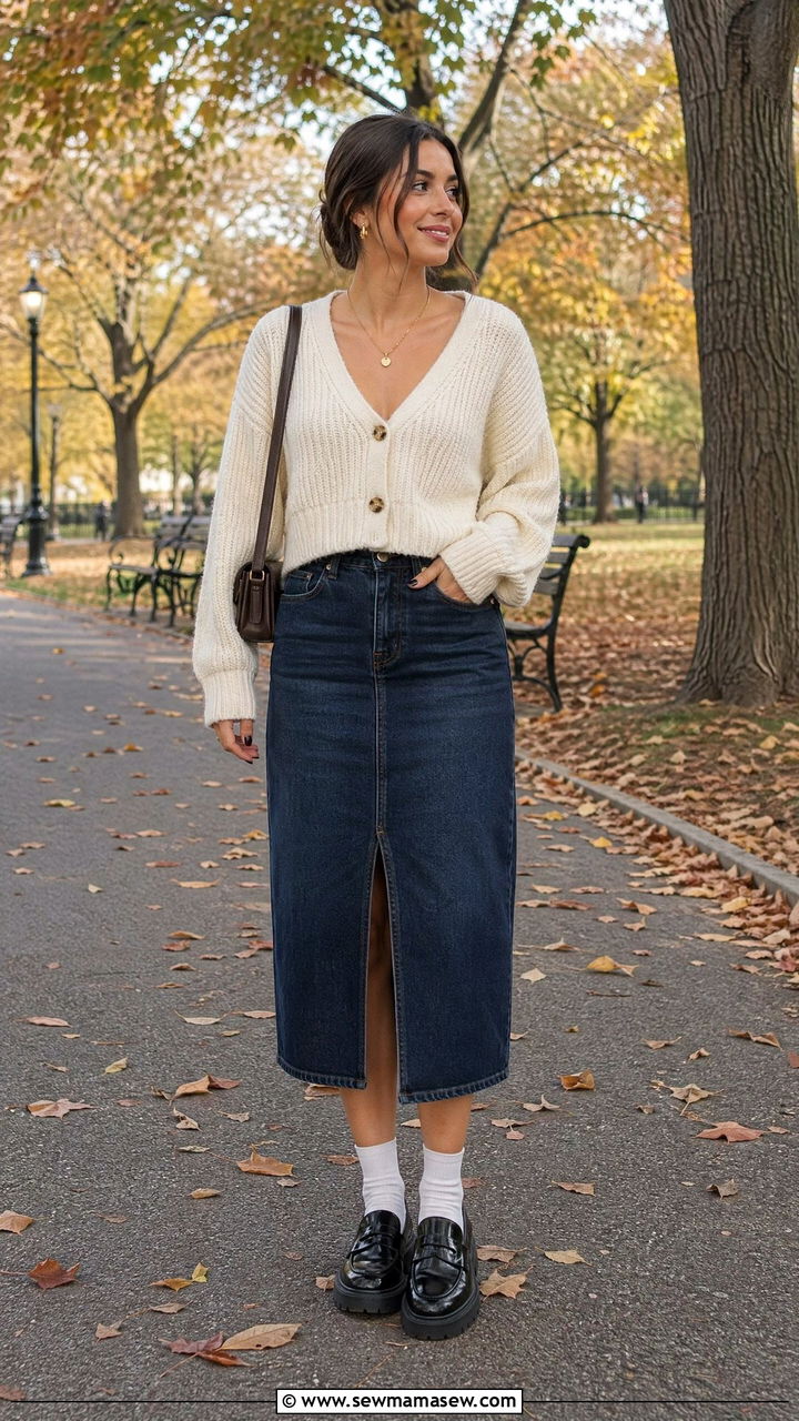 Chunky Cardigan with Denim Midi Skirt and Loafers - 35 denim skirt outfits inspo