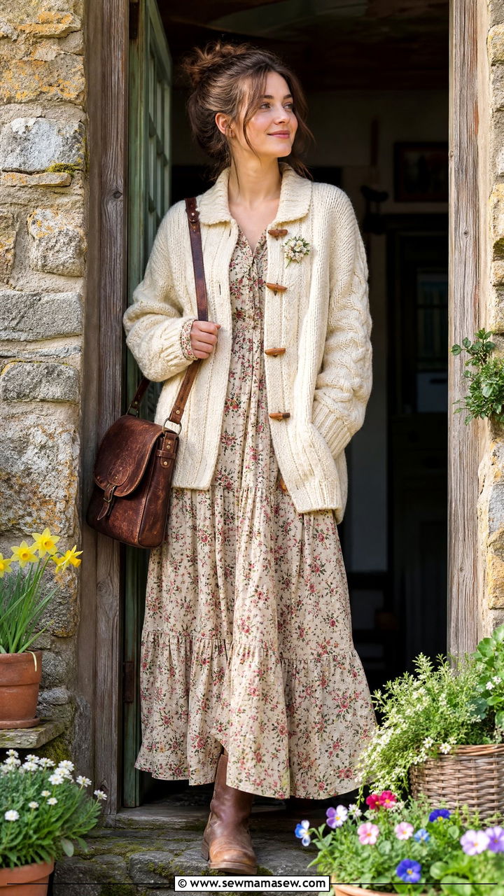 Chunky Cardigan with Floral Maxi Dress and Ankle Boots - 30 Cottagecore spring outfits