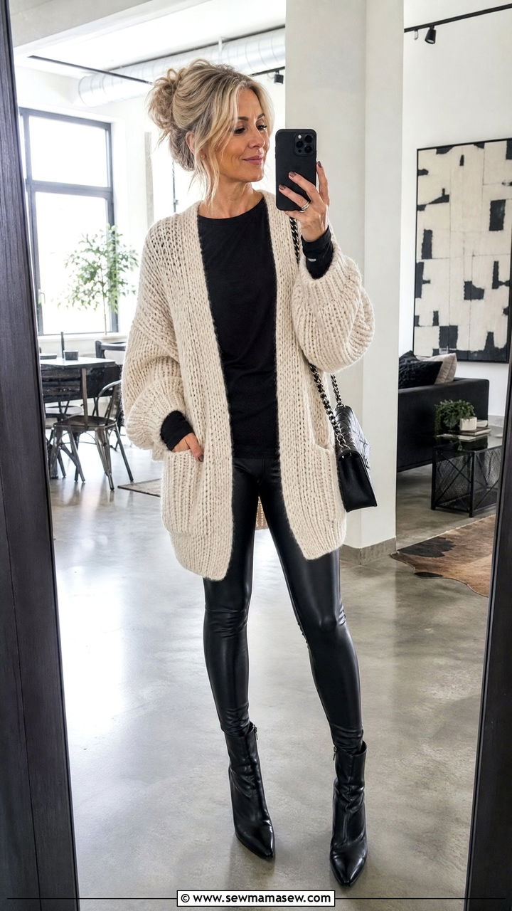 Chunky Cardigan with Leather Leggings and Ankle Boots - 25 cardigan outfits for women over 40