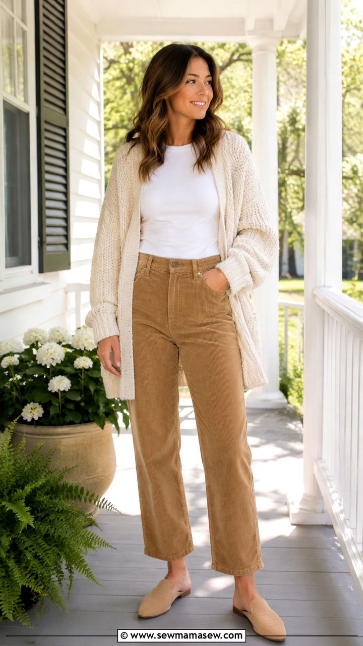 Chunky Cardigan with Long Sleeve Tee and Corduroy Pants - 20 Spring outfits for 45 degree weather