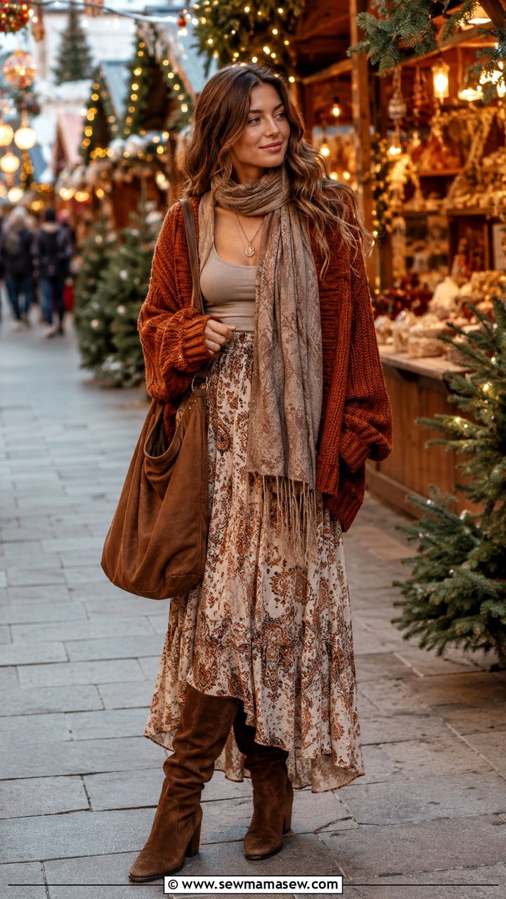 Chunky Cardigan with Maxi Skirt and Suede Boots - 30 classy boho chic outfits