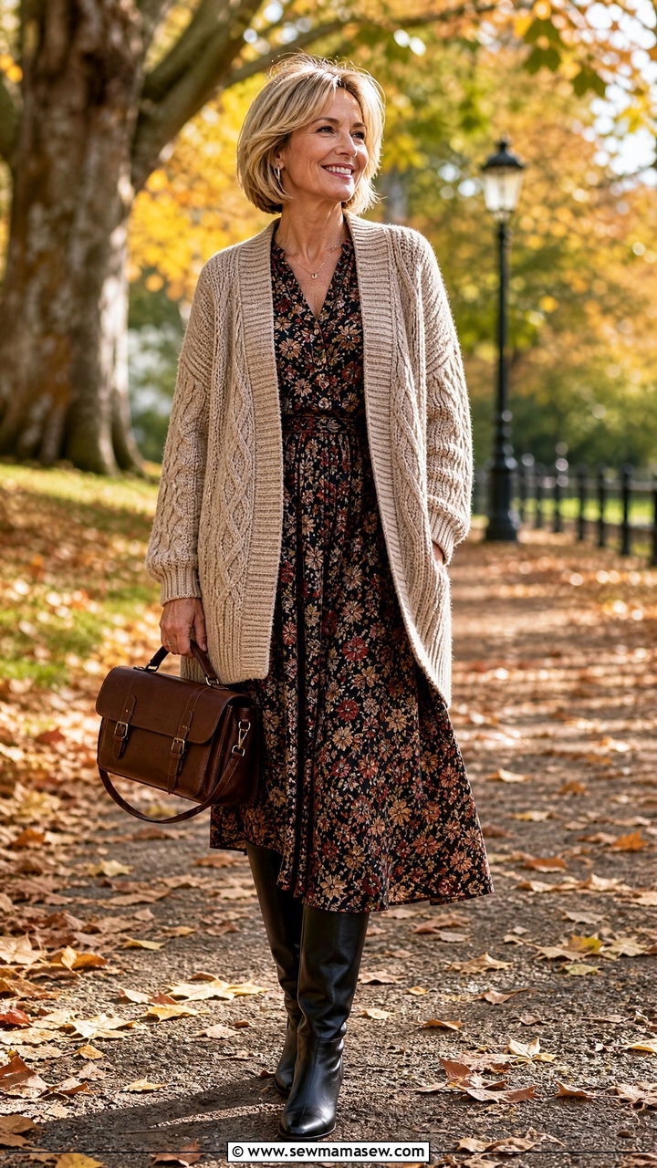 Chunky Cardigan with Midi Dress and Knee High Boots - 25 cardigan outfits for women over 40