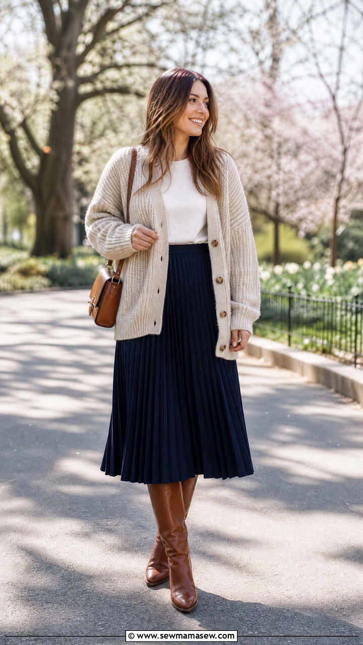 Chunky Cardigan with Pleated Midi Skirt - 25 March outfits for women