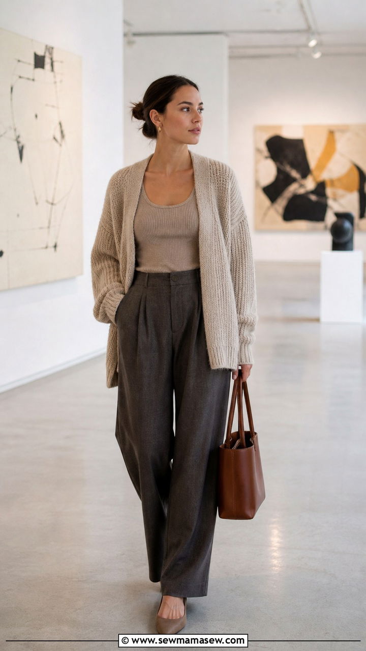 Chunky Cardigan with Pleated Trousers - 40 Chunky sweater outfit ideas
