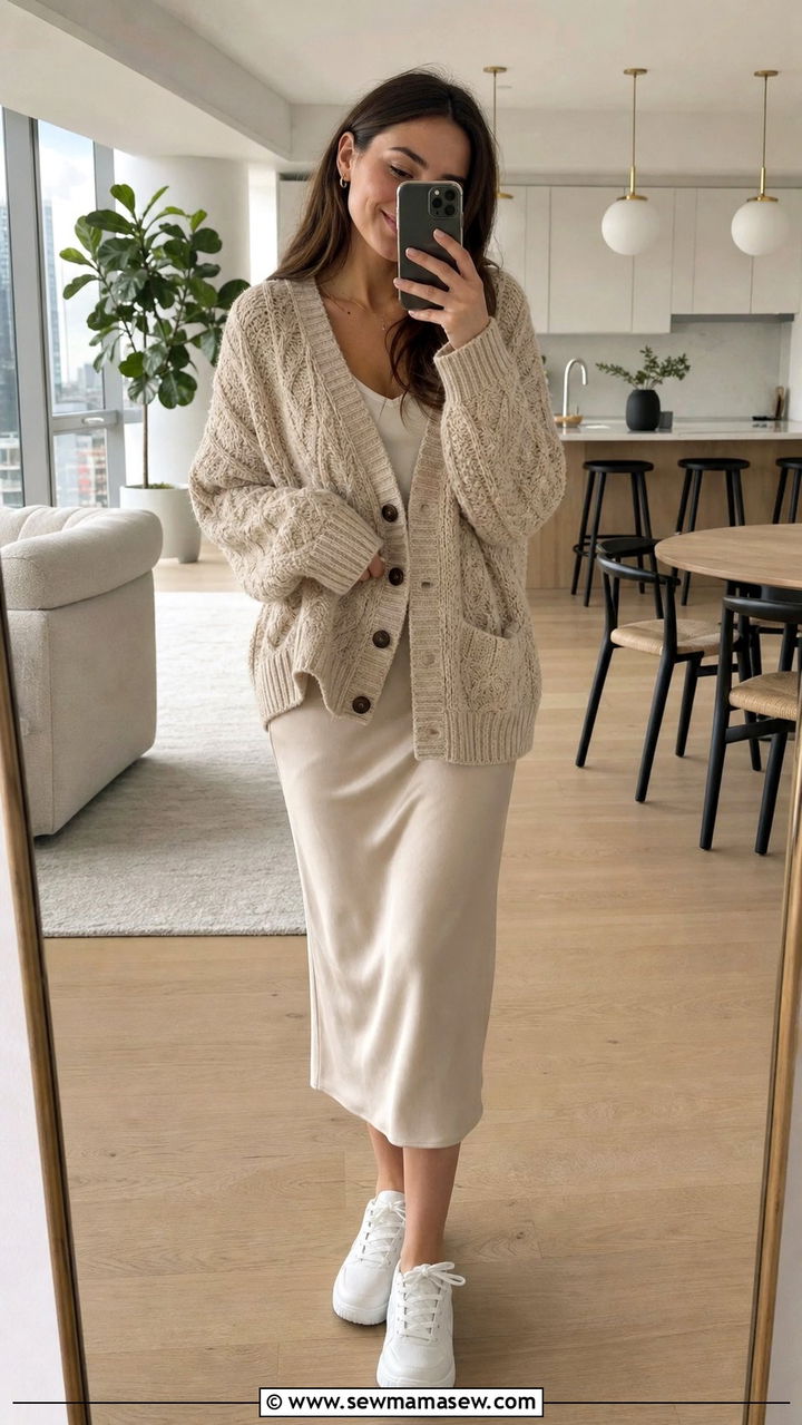 Chunky Cardigan with Slip Skirt - 25 Early March outfit ideas