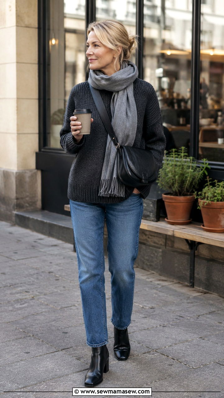 Chunky Charcoal Sweater with Straight Leg Jeans - 30 scandinavian outfit ideas for women over 40