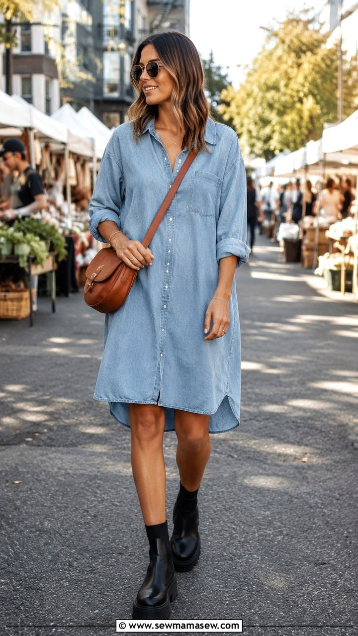 Chunky Chelsea boots with shirt dress and crossbody bag - 30 transitional boots outfit ideas