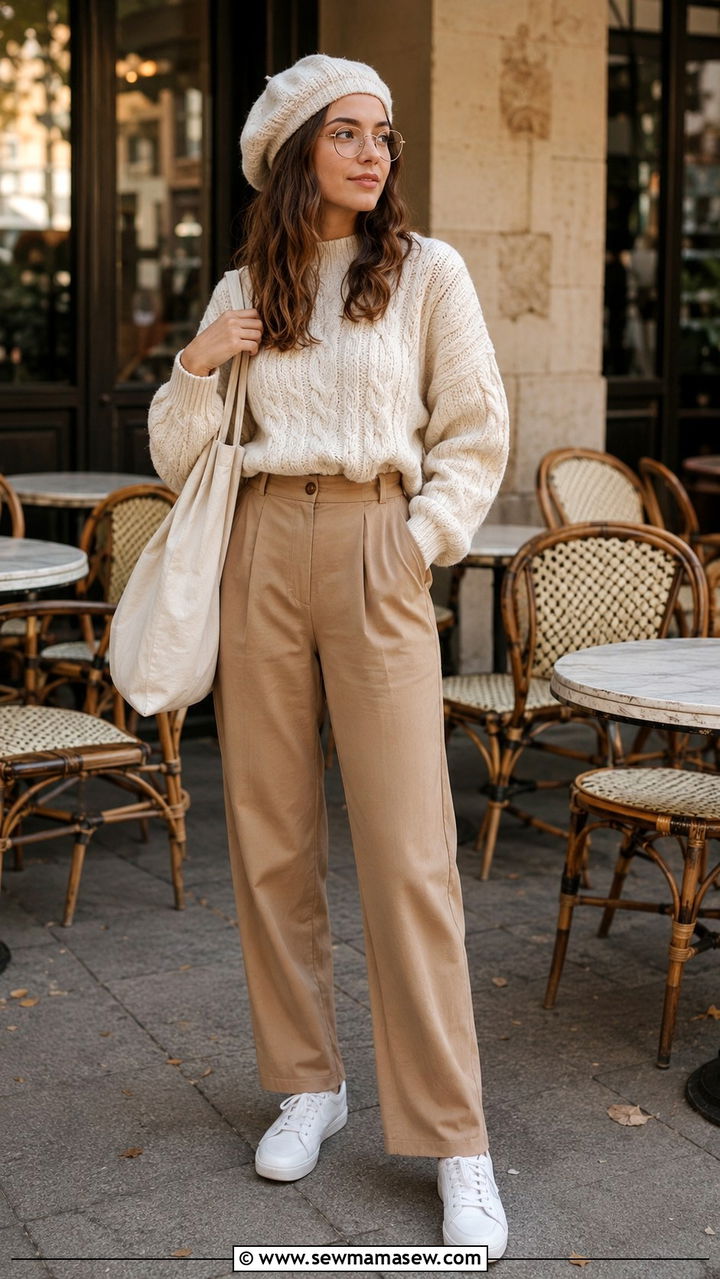 Chunky Cream Cable Knit Sweater With Tan Trousers Outfit Light Academia - 30 casual light academia outfits