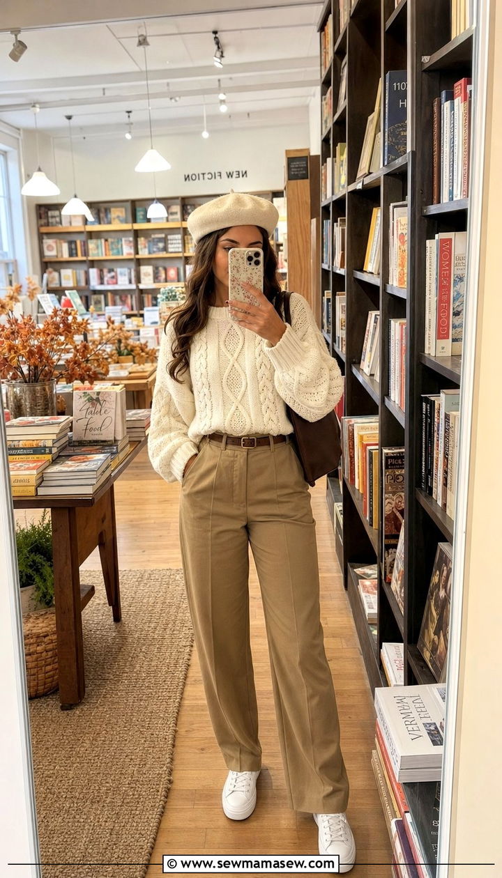 Chunky Cream Cable Knit Sweater with Tan Trousers and Knit Beret - 25 classy light academia outfits