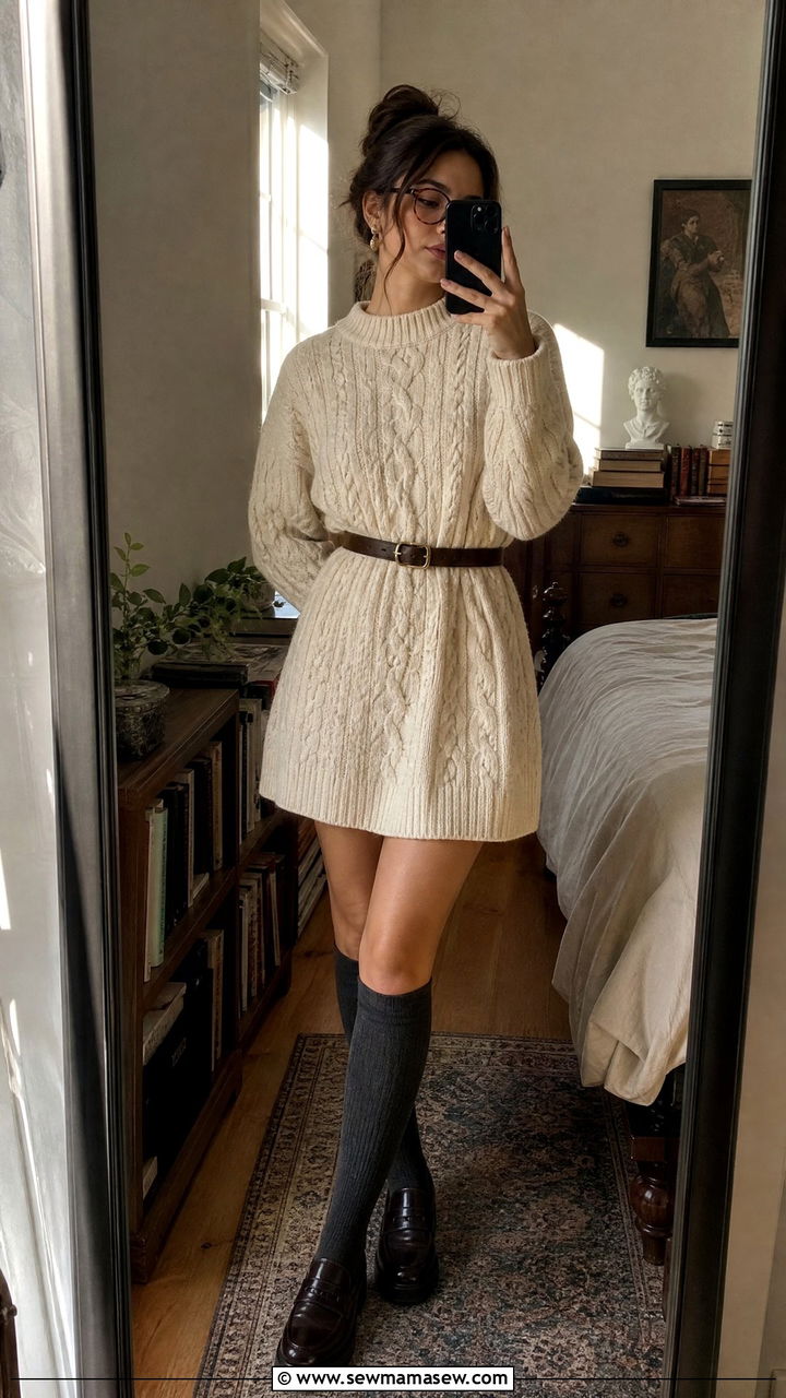 Chunky Cream Sweater Dress With Knee High Socks Outfit - 30 Dark academia spring outfits