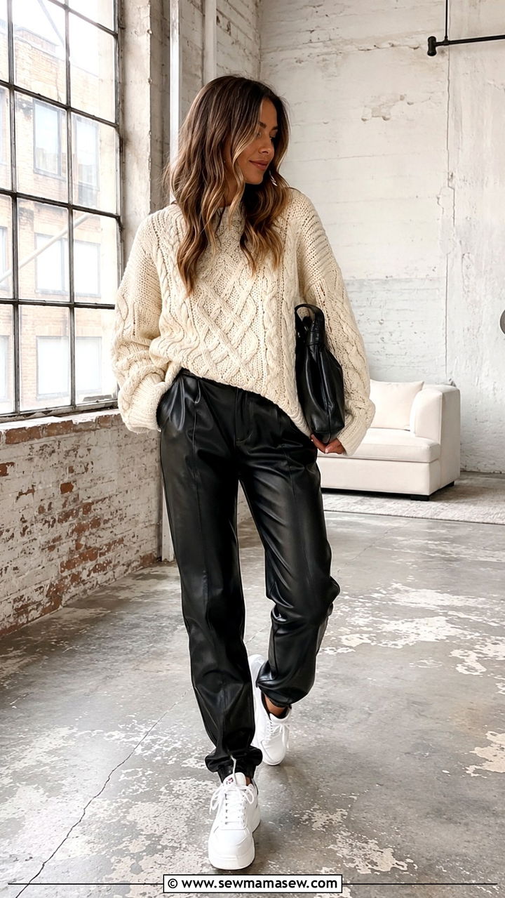 Chunky Ecru Knit and Black Leather Trousers Outfit - 30 Quiet luxury wardrobe essentials