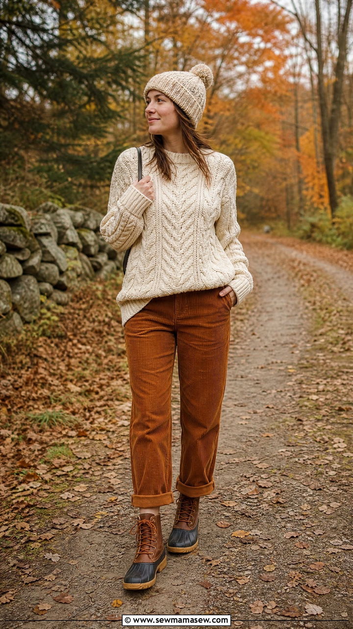 Chunky Fisherman Sweater With Corduroy Pants And Duck Boots - 35 Hygge outfit ideas