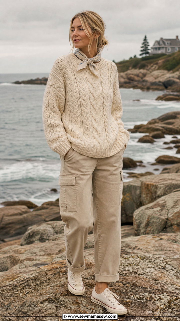 Chunky Fisherman Sweater and Beige Cargo Pants - 25 classy coastal grandmother outfit ideas
