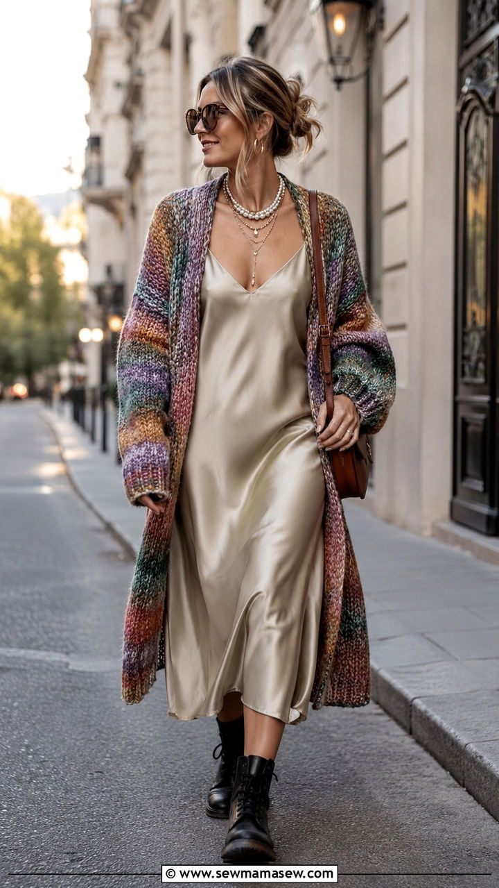 Chunky Grandpa Cardigan Over a Slip Dress With Combat Boots - 20 Eclectic grandpa outfit ideas women