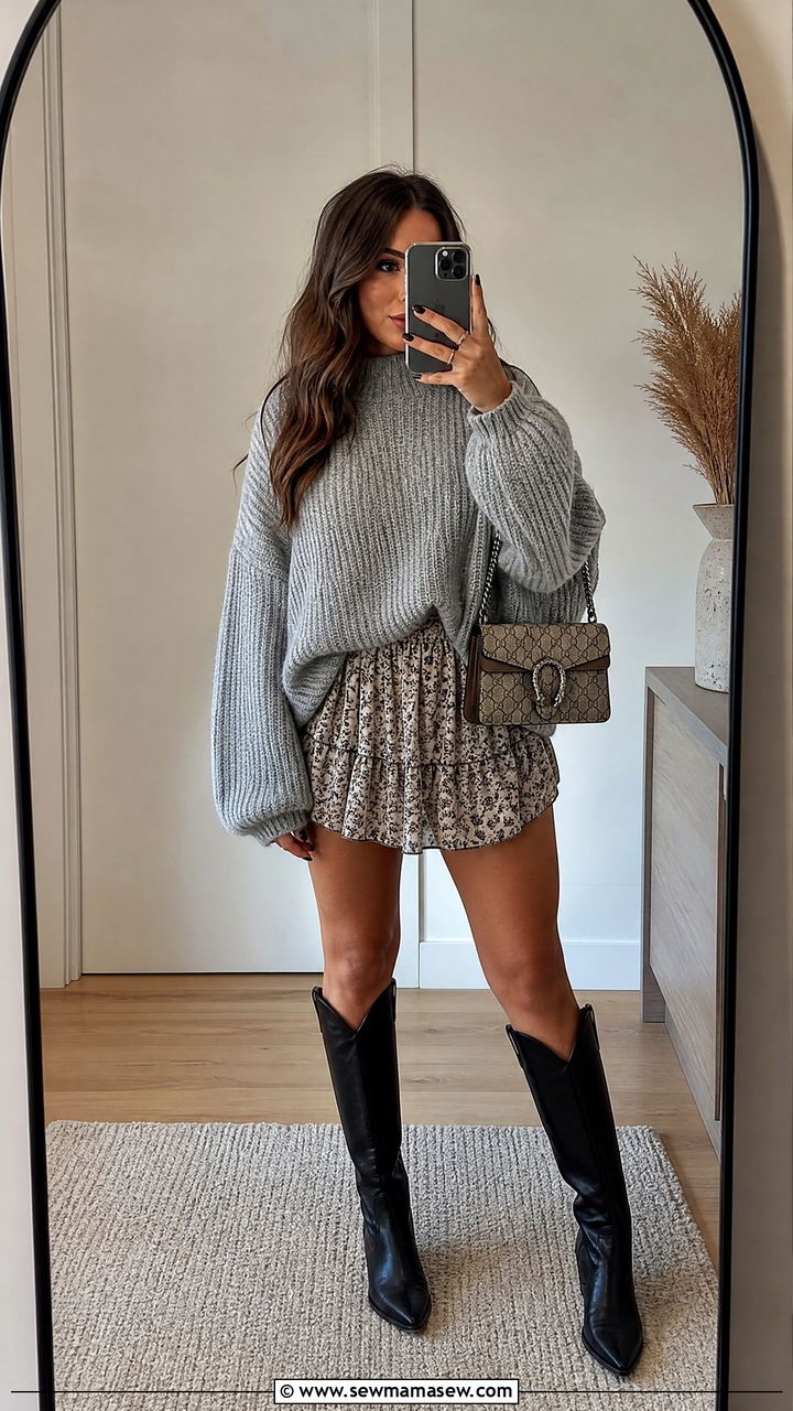 Chunky Grey Sweater with Printed Mini Skirt and Knee High Boots - 30 Modern western outfit ideas