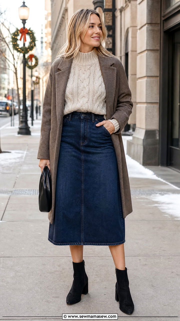 Chunky Knit And Ankle Boots With A Denim Skirt - 35 How to style a denim skirt
