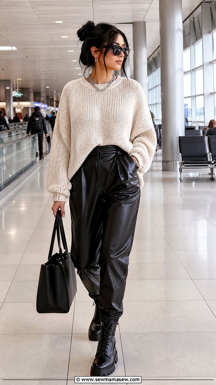 Chunky Knit And Leather Pants Airport Outfit - 30 Europe airport outfit ideas