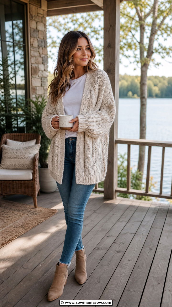 Chunky Knit Cardigan Jeans Booties Lake House Outfit - 35 Lake house outfit ideas
