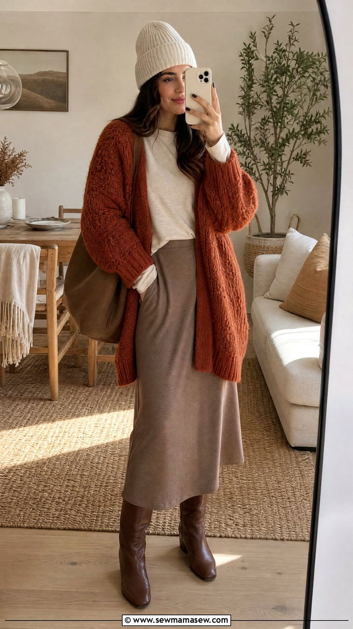 Chunky Knit Cardigan Over Tee With Midi Skirt Outfit - 25 Modest outfit ideas layering hacks