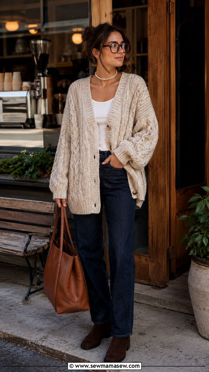 Chunky Knit Cardigan Pearl Choker Old Money Look - 25 Old money outfit ideas with pearls