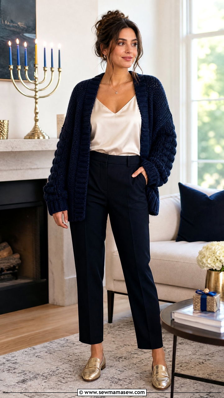 Chunky Knit Cardigan With A Cami And Dark Trousers - 25 Hanukkah outfit ideas