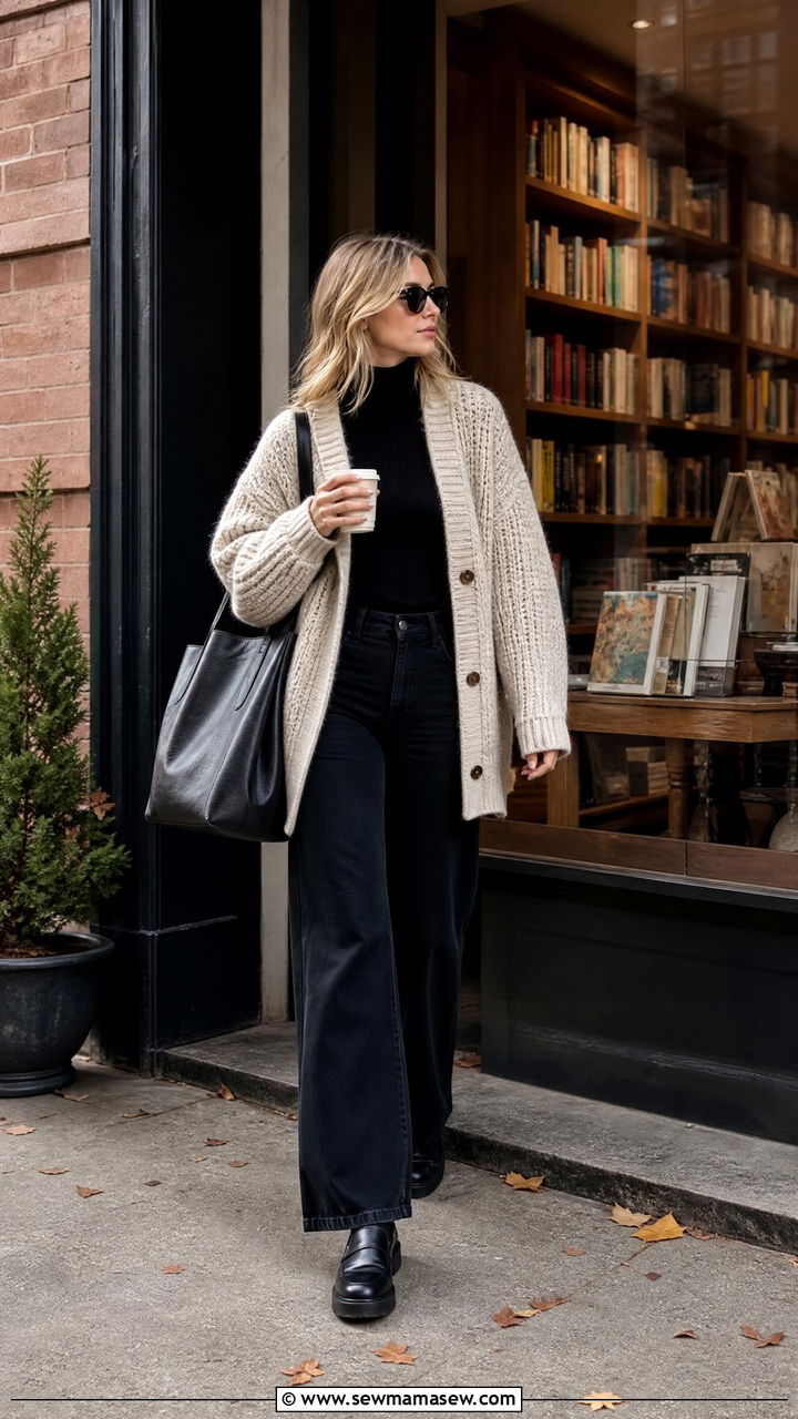 Chunky Knit Cardigan With Black Wide Leg Jeans - 25 Black jeans outfit ideas with a cardigan