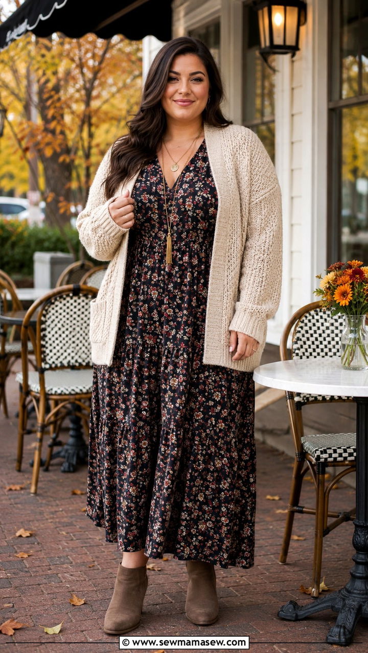 Chunky Knit Cardigan With Floral Maxi Dress - 25 Plus size outfit ideas boho