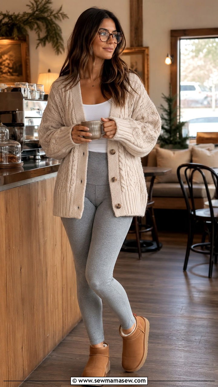 Chunky Knit Cardigan With Grey Leggings And Ultra Mini Uggs - 25 Uggs and leggings outfit ideas
