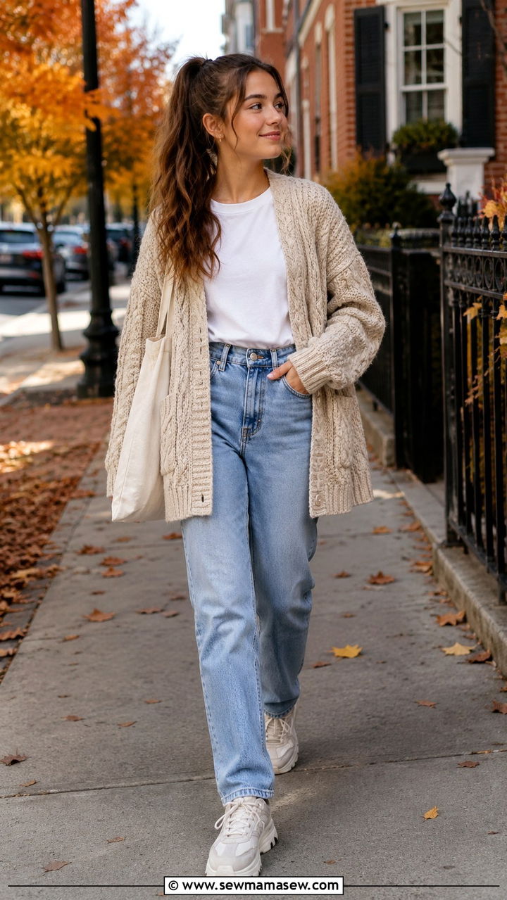 Chunky Knit Cardigan With High Waisted Jeans - 30 Modest outfit ideas for teens