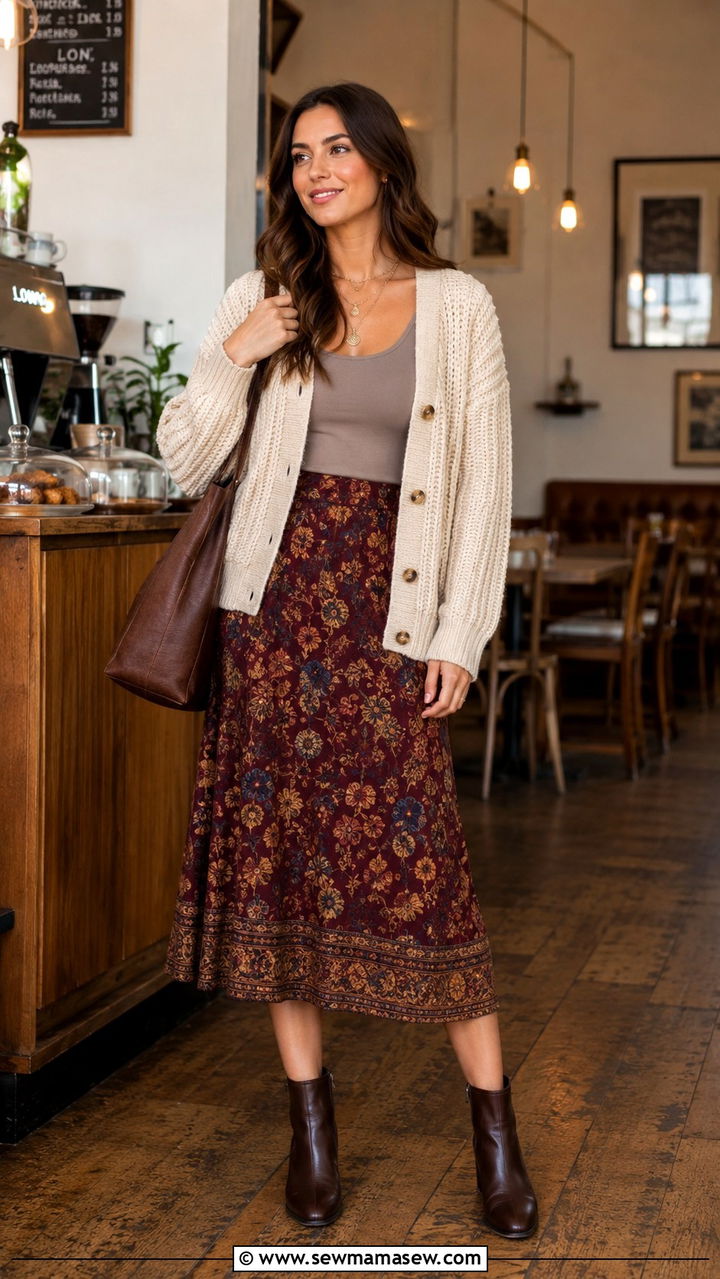 Chunky Knit Cardigan With Printed Midi Skirt - 30 Modest outfit ideas boho
