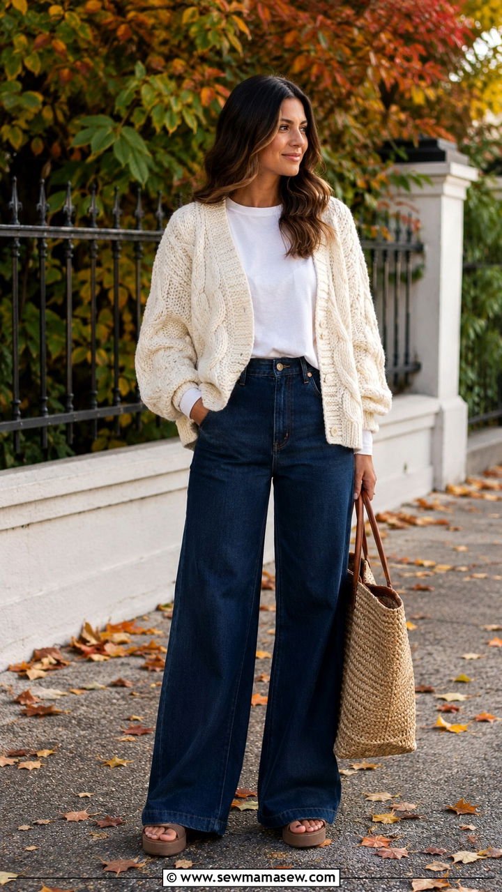 Chunky Knit Cardigan With Wide Leg Jeans - 25 Wide leg jeans outfit ideas with a cardigan