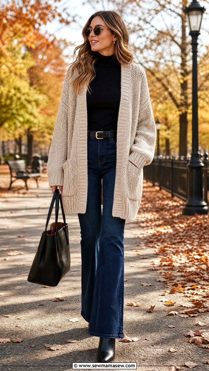 Chunky Knit Cardigan and Flare Jeans with Ankle Boots - 30 Flare jeans outfit ideas with a cardigan