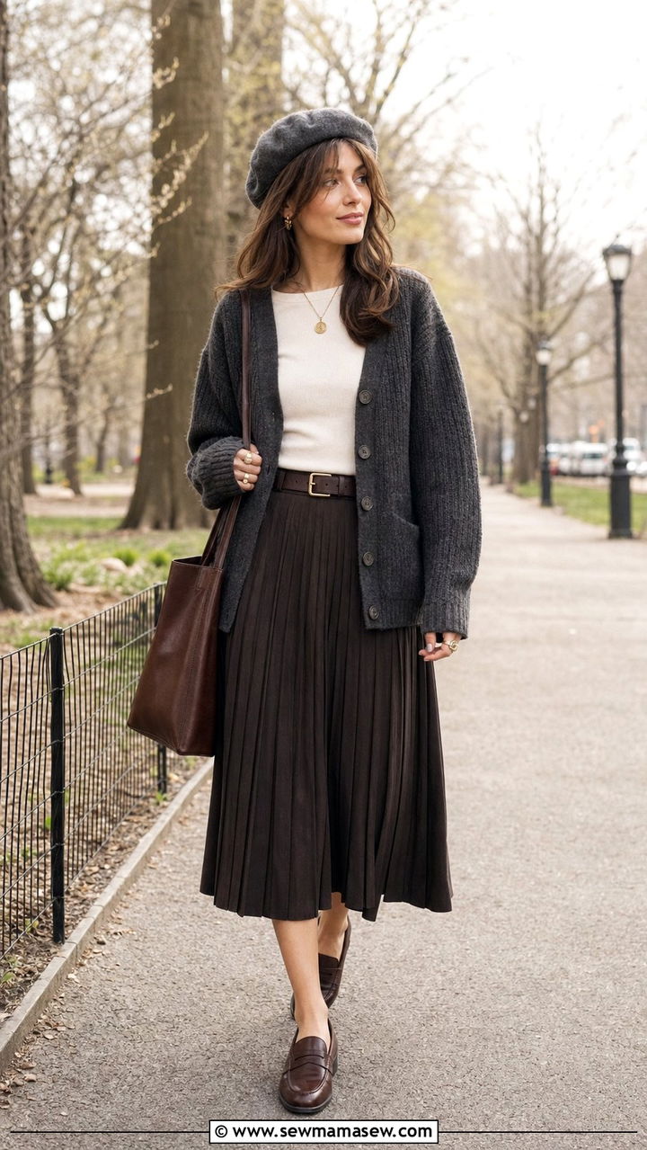 Chunky Knit Cardigan and Pleated Midi Skirt - 25 spring dark academia outfits