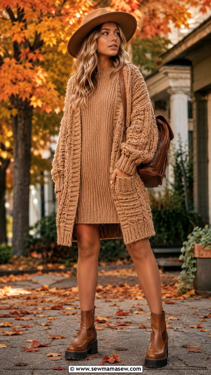 Chunky Knit Cardigan and Sweater Dress Set - 30 Cardigan and dress matching set outfit ideas
