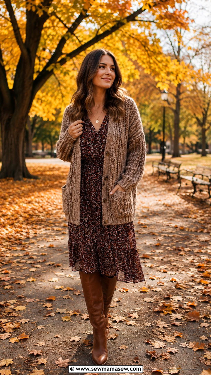 Chunky Knit Cardigan with Midi Dress and Knee High Boots - 30 Midi dress outfit ideas with a cardigan