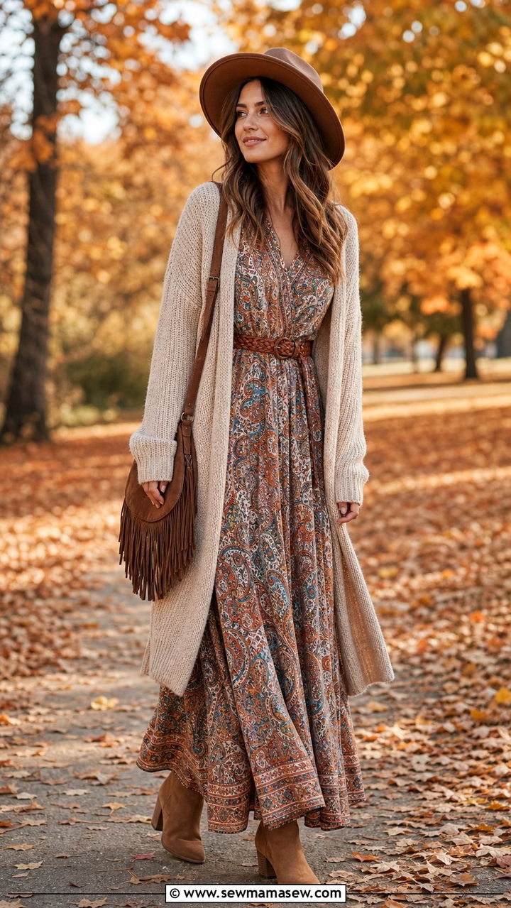 Chunky Knit Cardigan with Paisley Maxi Dress and Ankle Boots - 35 casual boho outfits