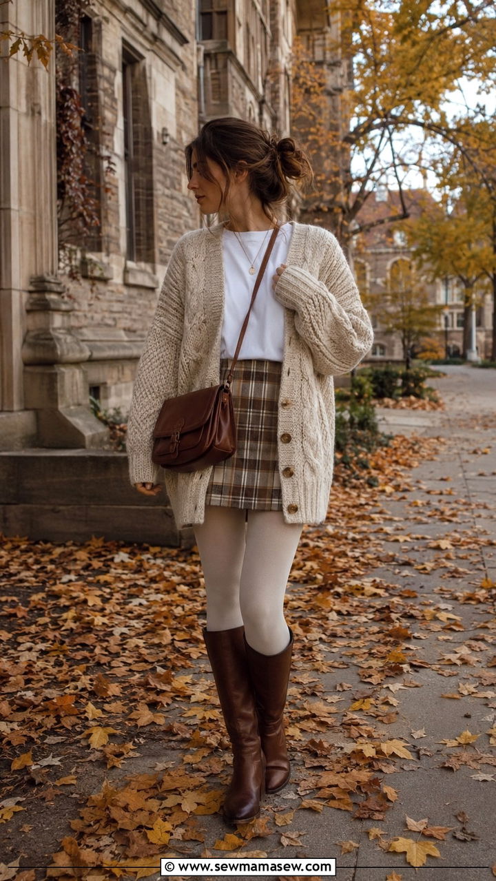 Chunky Knit Cardigan with Plaid Mini Skirt - 30 light academia outfits to copy