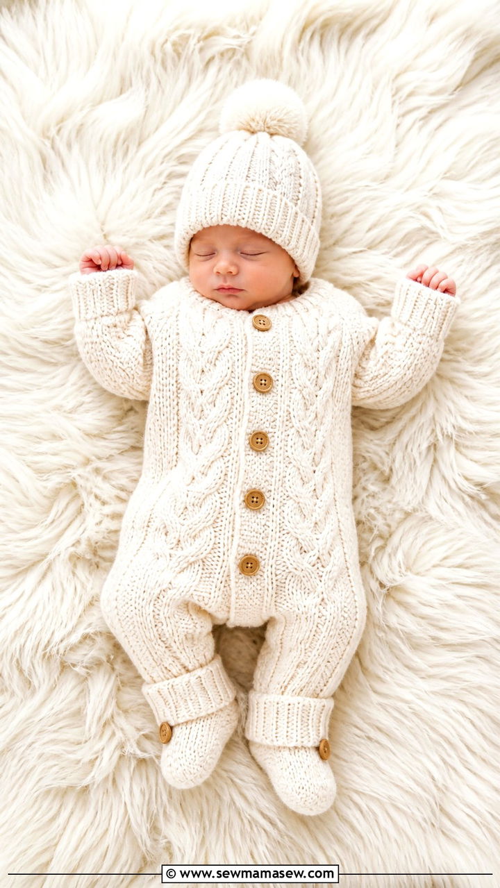 Chunky Knit Romper With Beanie and Booties - 20 Baby announcement outfit ideas